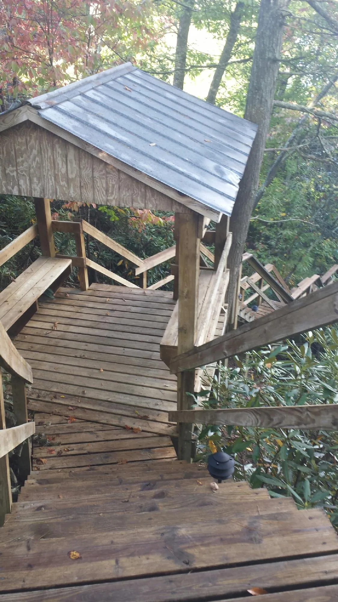 Metal roofed shelter over wooden steps on a wooded walkway — Skylight Repair & Installation work by our crew in Princess Anne